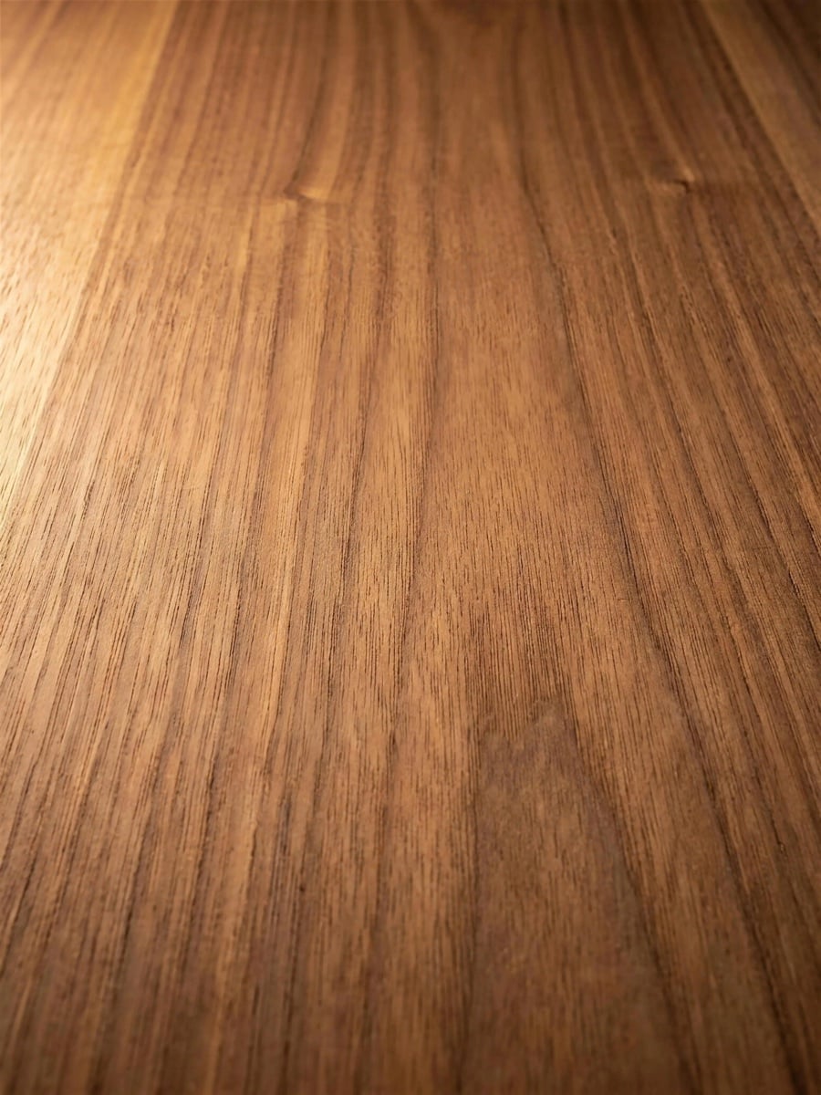 Close view of oiled English walnut grain in low golden light.