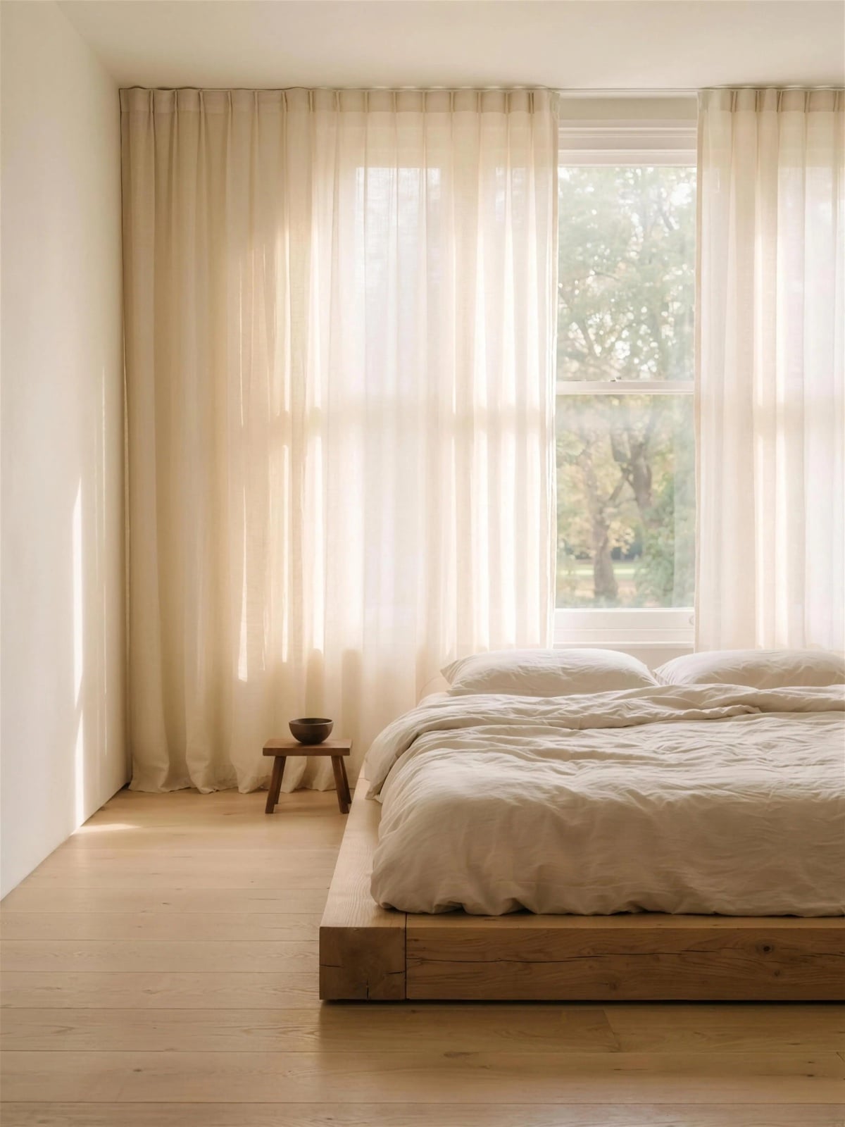 Bedroom of A Flat Above the Park: backlit sheer curtains glowing over a bed dressed in undyed linen.