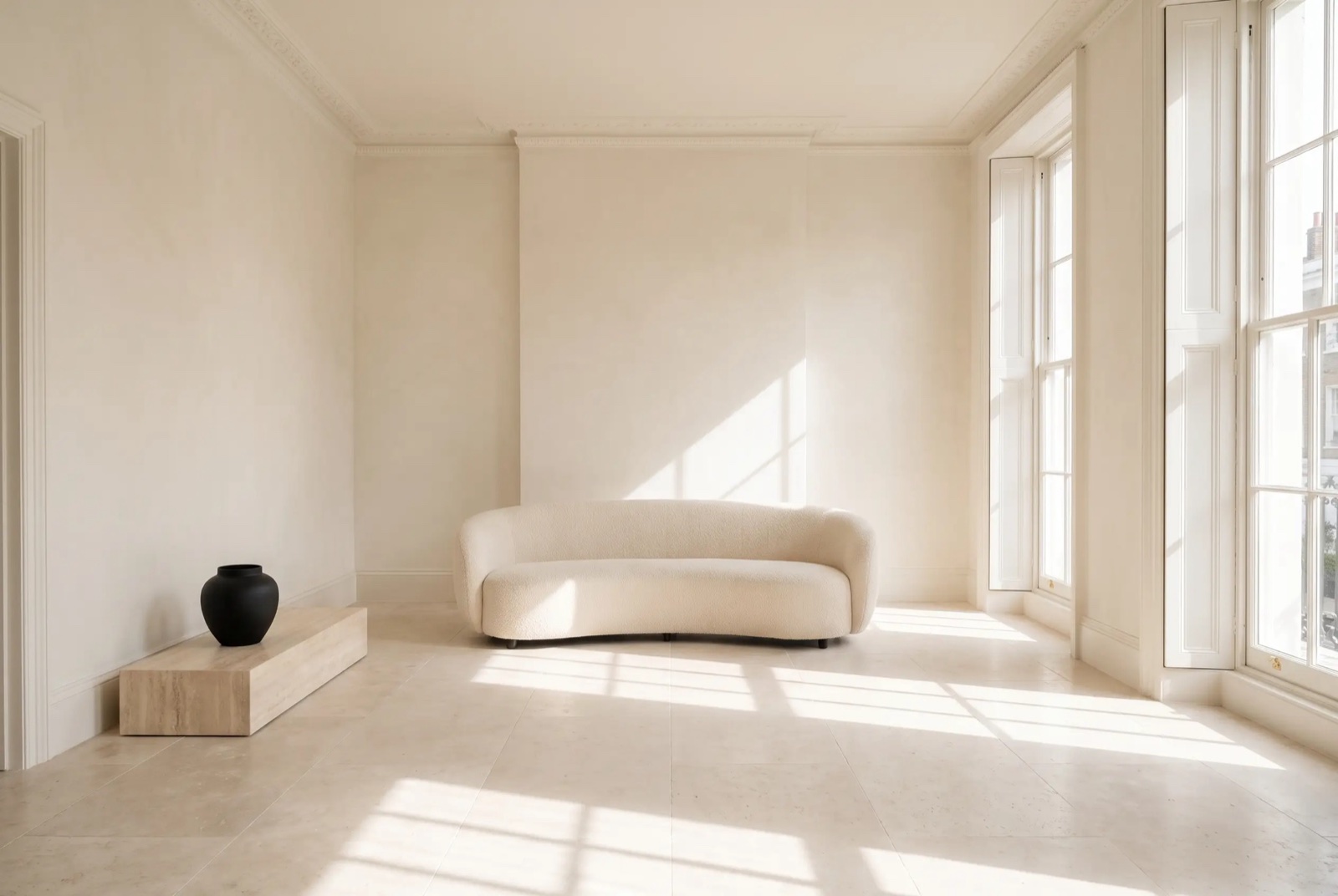 Living room of the Limestone House: pale stone floor, curved cream sofa and low morning light raking across a plaster wall.