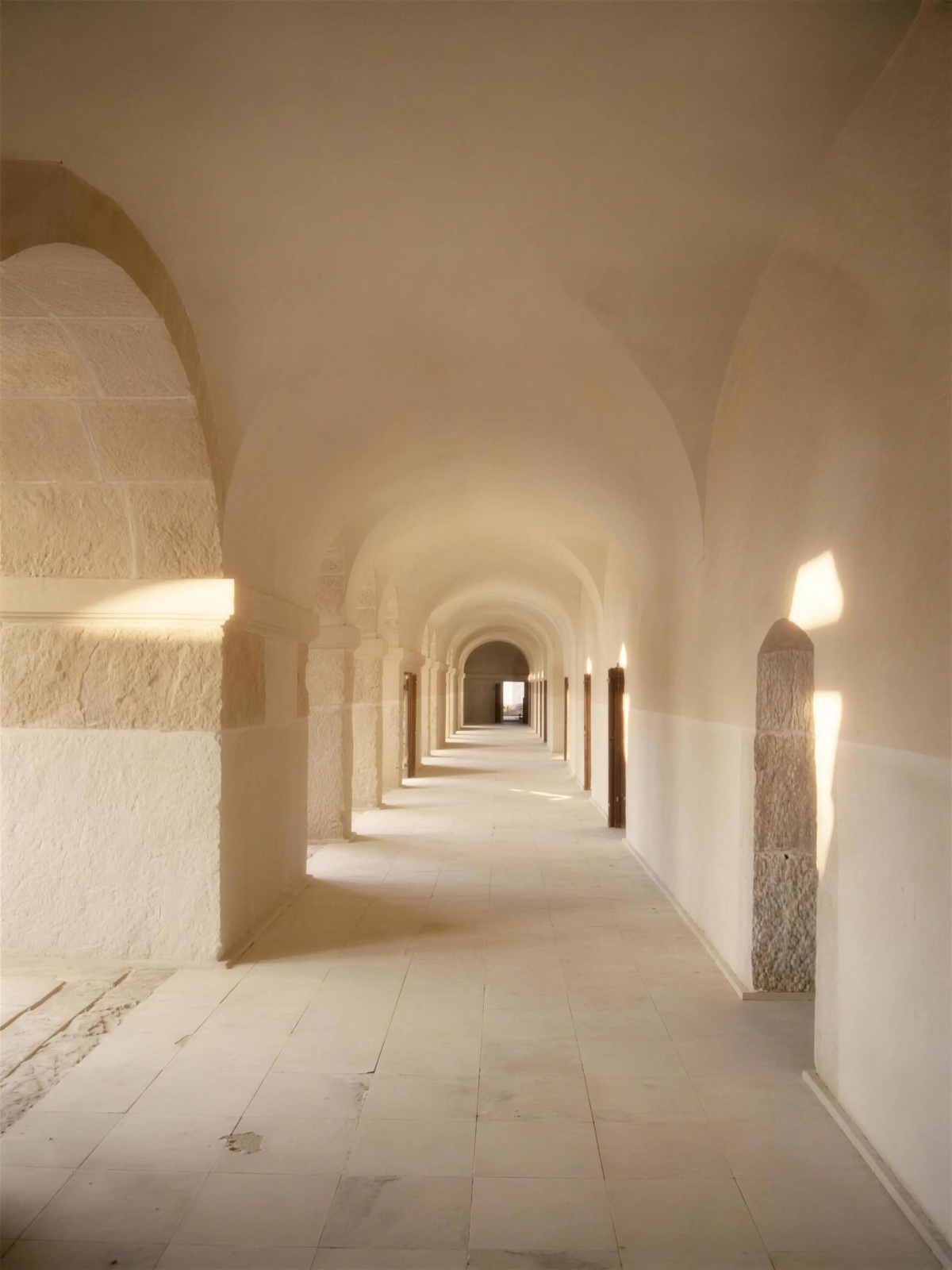 The Long Gallery: a corridor of stone arches in one-point perspective, lit end to end by morning sun.
